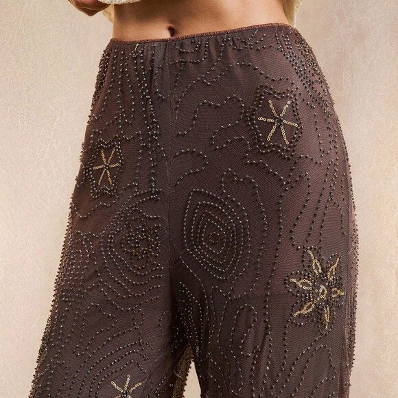 Brown Boho Women's Seaside Trousers with Floral Sequins - Picture 6 of 7